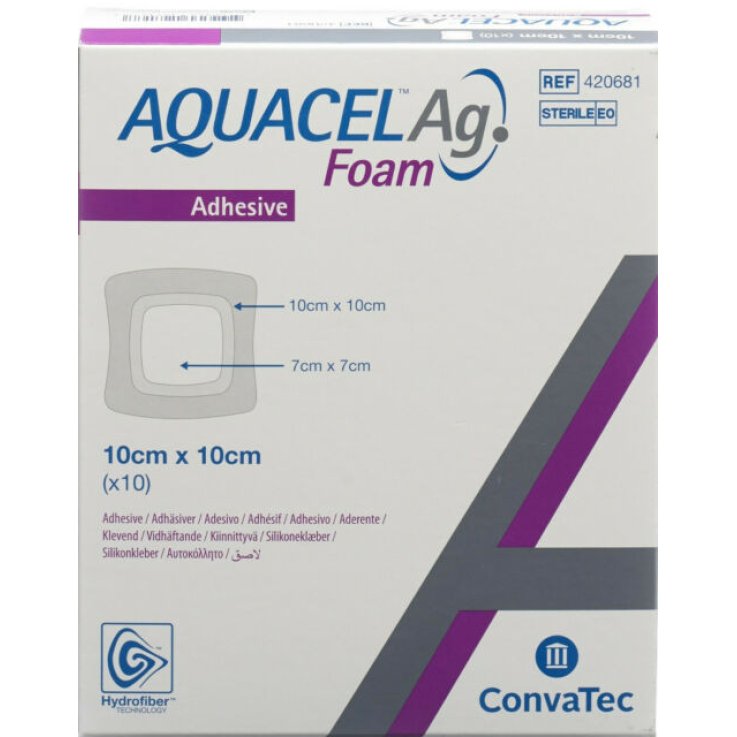 Aquacel Ag Foam Adesivo 10 x 10 cm | Medicazione in Schiuma con Hydrofiber&reg; e Argento 10 Pezzi