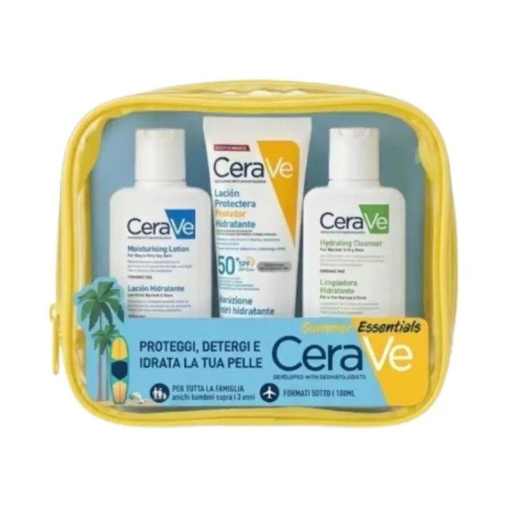 CERAVE POCHETTE SOLARE 3PZ CON CREMA SOLARE SPF50+, LOZIONE IDRATANTE E DETERGENTE IDRATANTE &ndash; KIT COMPLETO VISO E CORPO PER PELLE SECCA E SENSIBILE