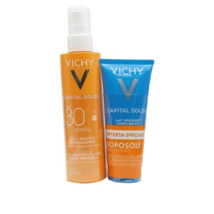 VICHY CAPITAL SOLEIL CELL PROTECT FLUIDO SPRAY INVISIBILE SPF30 CON LATTE DOPOSOLE LENITIVO VISO E CORPO KIT SOLARE 200 ML + 100 ML