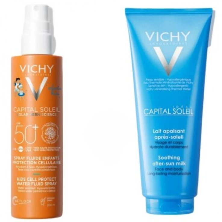 VICHY CAPITAL SOLEIL KIDS CELL PROTECT SPF50+ SPRAY SOLARE BAMBINI CON LATTE DOPOSOLE LENITIVO KIT 200 ML + 100 ML