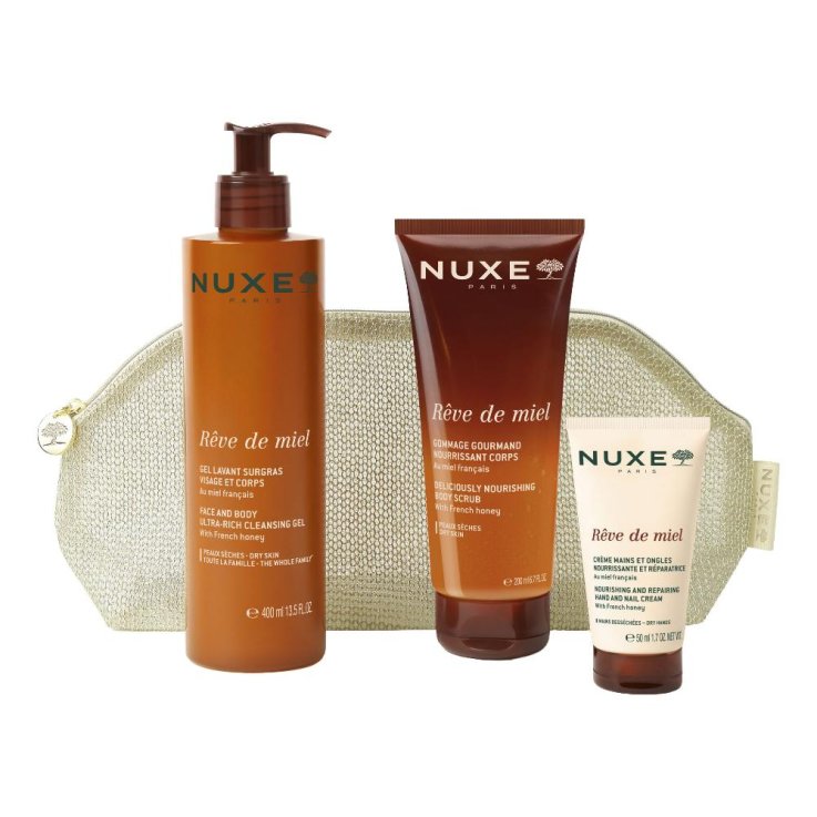 Nuxe R&ecirc;ve de Miel Cocooning Body Routine Cofanetto &ndash; Gel Doccia 400 ml + Scrub Corpo 200 ml + Crema Mani 30 ml + Pochette